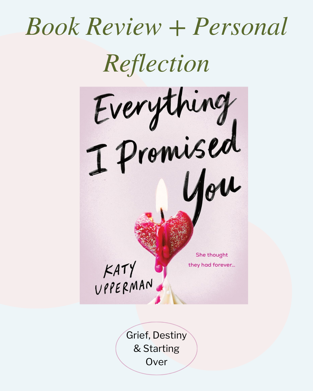 Book cover of Everything I Promised You – a white book with a pink background and soft pink bubbles. A heart-shaped candle with a lit flame sits at the center, symbolizing grief, destiny, and starting over. Three words — "grief," "destiny," and "starting over" — are enclosed in a pink bubble near the bottom.