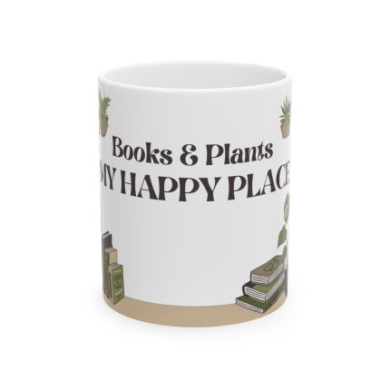 White ceramic mug with books and plant illustrations on a shelf, featuring the phrase “Books & Plants Are My Happy Place” in black lettering.