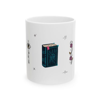 White ceramic mug with mystical illustrations including skulls, roses, a witches’ book, and melting candles.