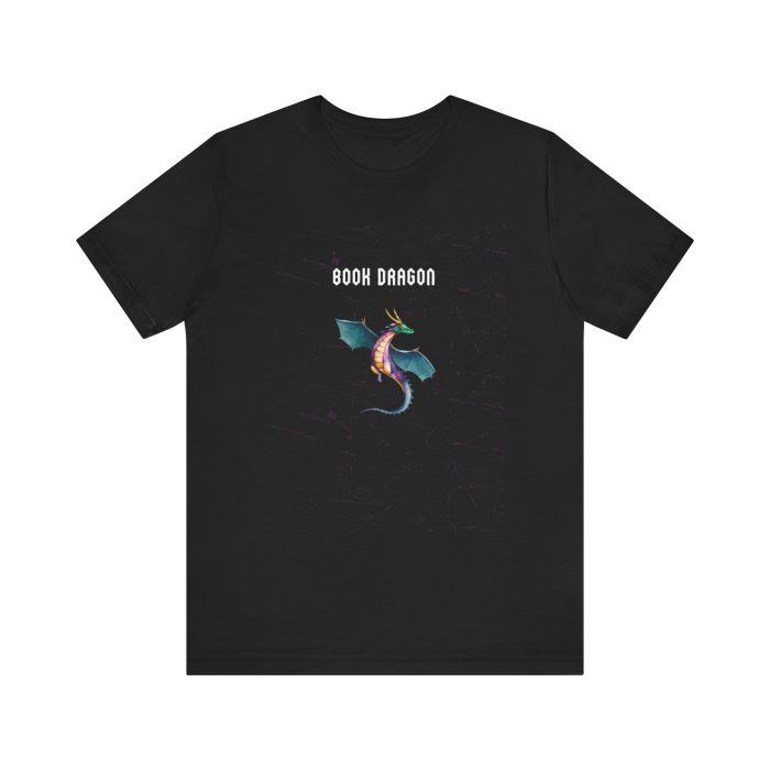 Colorful dragon illustration with the words “Book Dragon” printed on a cotton t-shirt – fantasy shirt for readers and mythical creature lovers.