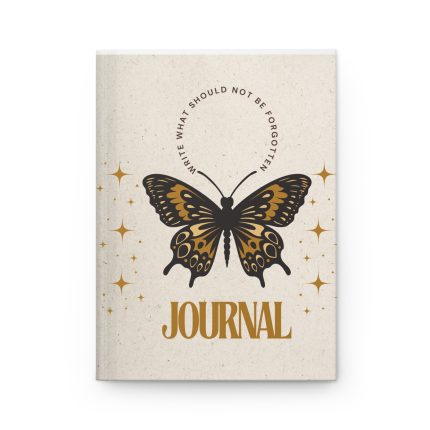 Hardcover journal with a brown, black, and gold butterfly and gold stars – features the quote “What Should Not Be Forgotten” on the matte cover.