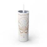 White 20oz tumbler with gold butterfly and quote “A Quiet Soul with Wild Wings,” sitting elegantly on neutral surface.