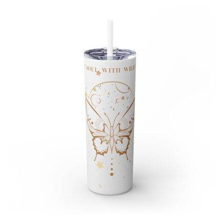 White 20oz tumbler with gold butterfly and quote “A Quiet Soul with Wild Wings,” sitting elegantly on neutral surface.