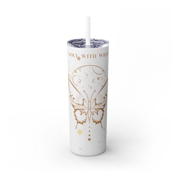 White 20oz tumbler with gold butterfly and quote “A Quiet Soul with Wild Wings,” sitting elegantly on neutral surface.