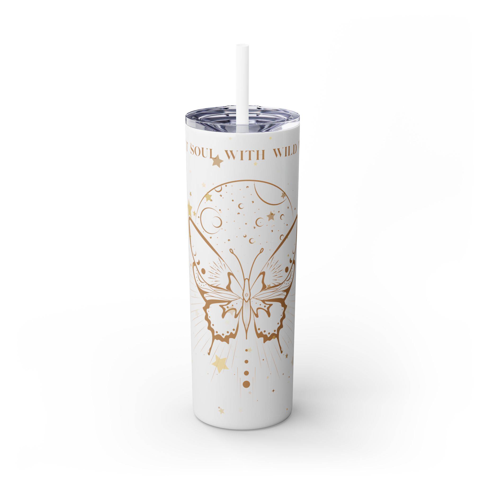 White 20oz tumbler with gold butterfly and quote “A Quiet Soul with Wild Wings,” sitting elegantly on neutral surface.