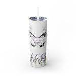 Skinny 20oz tumbler with vibrant butterfly wings, “Born to Fly” quote, and lavender florals in a colorful, artistic design.