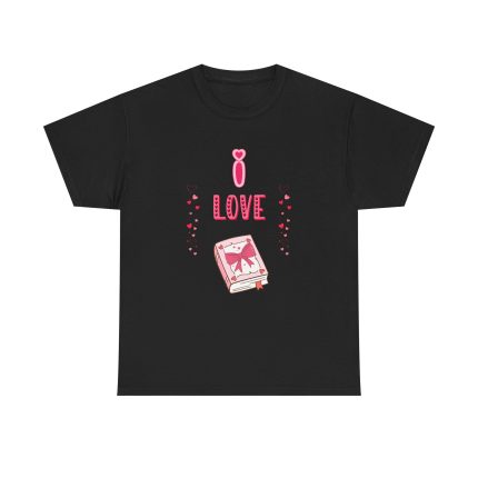 Black t-shirt with the phrase “LOVE” in bold pink text, featuring a stack of pink books tied with a ribbon and a heart icon.