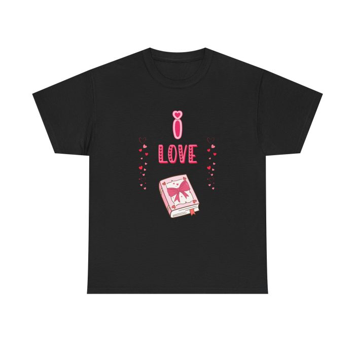 Black t-shirt with the phrase “LOVE” in bold pink text, featuring a stack of pink books tied with a ribbon and a heart icon.