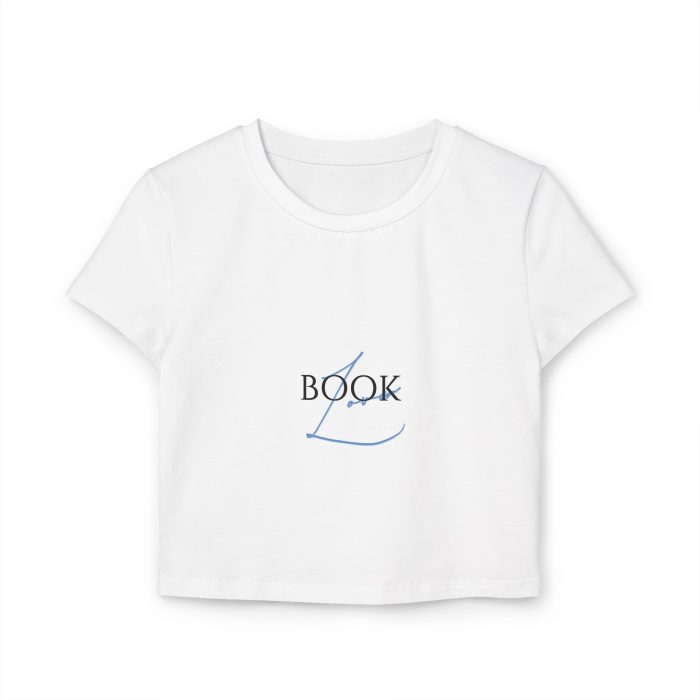 White baby tee with “Book Lover” printed in bold, elegant lettering across the chest.