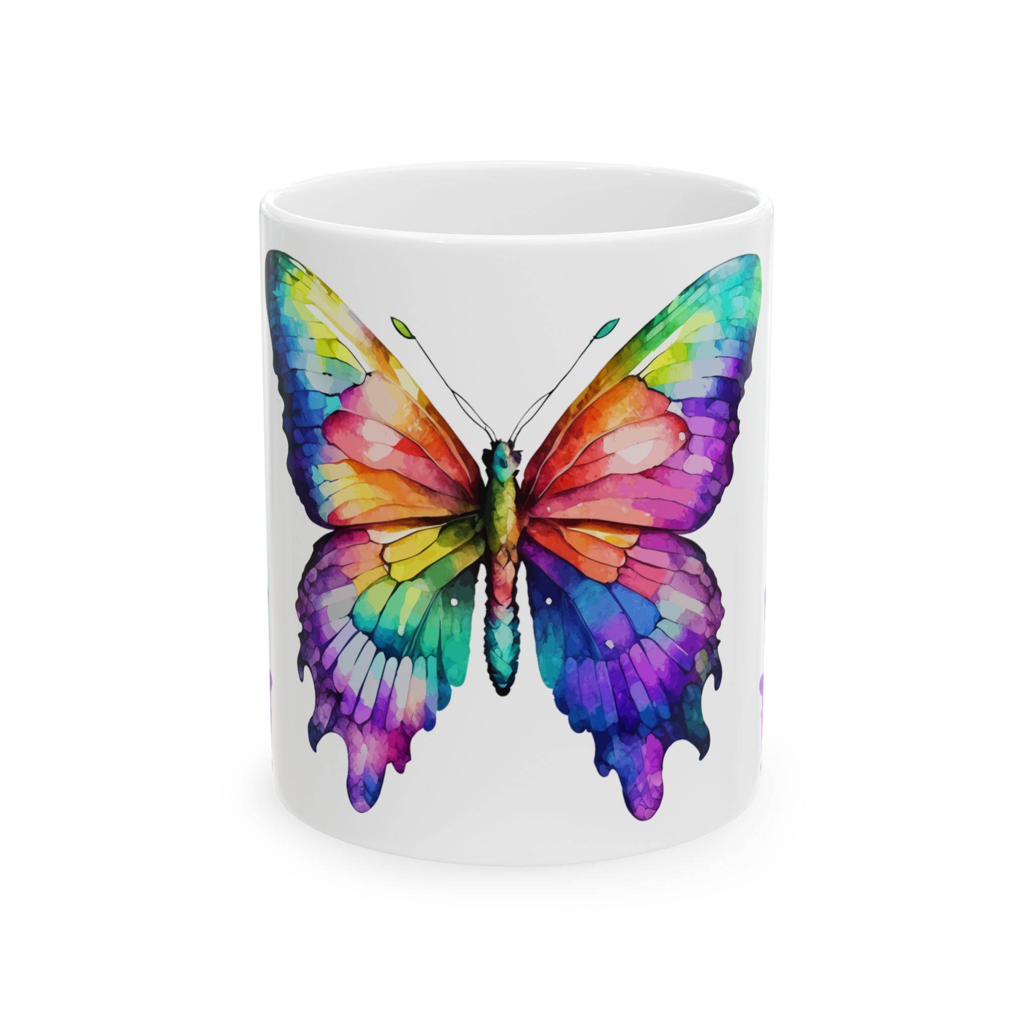 White ceramic mug with a vibrant multicolored butterfly design on the front.