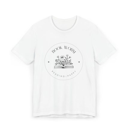 White T-shirt with line art of an open book and blooming flowers, labeled "Book Worm - Reading = Happy"