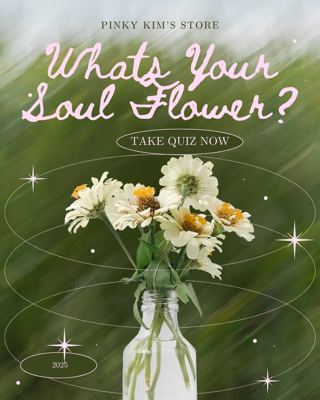 a dreamy floral image for the soul flower quiz by Pinky Kim's Store, featuring a glass jar of white and yellow flowers with magical sparkles and cosmic swirls.