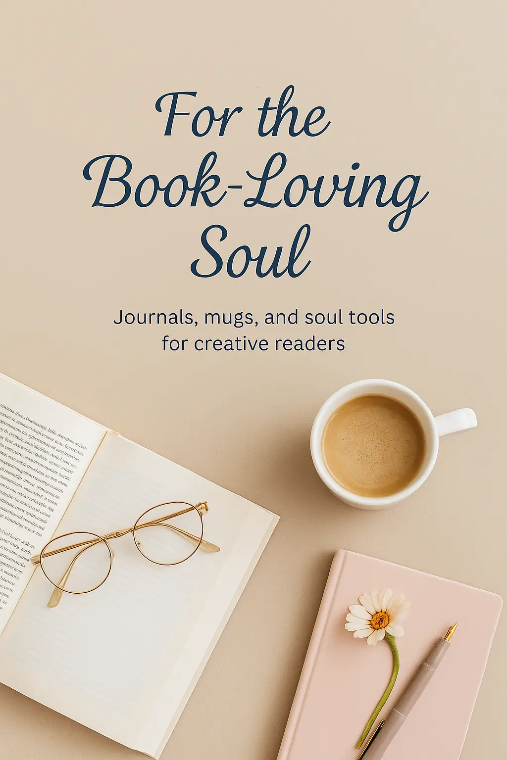 flat lay image with an open book, gold reading glasses, a white coffee mug, and a soft pink journal with a daisy and pen - styled for book lovers and creative souls.