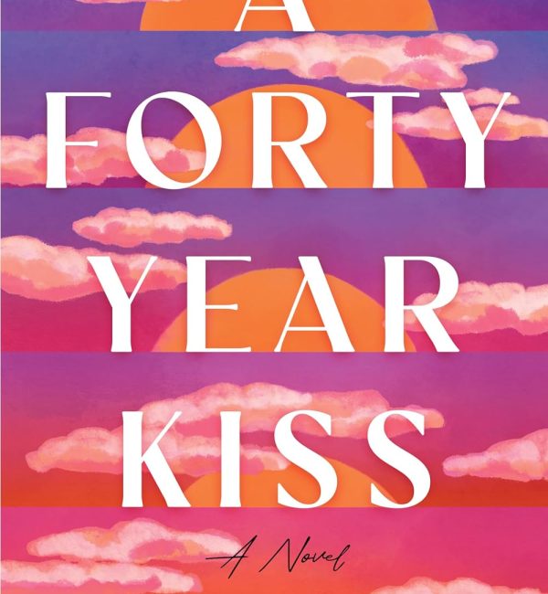 Book cover of "A Forty-Year Kiss" by Nickolas Butler, featuring two silhouetted figures standing apart on a quiet, rural road at sunset, surrounded by trees and soft golden light.